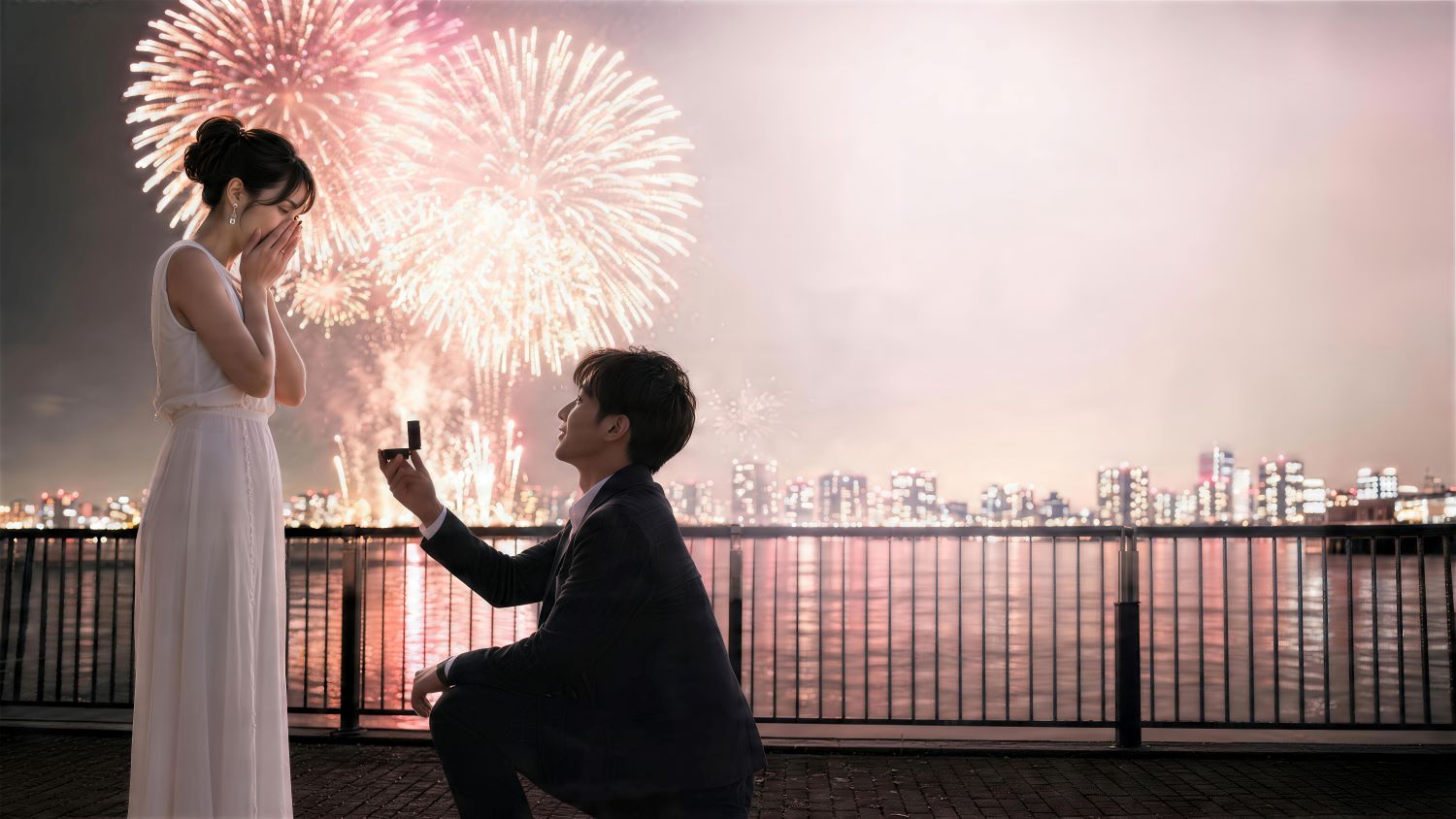 香港維港煙花下的浪漫求婚時刻，男士單膝下跪送上求婚戒指 | 安東尼里 ANTONELLI