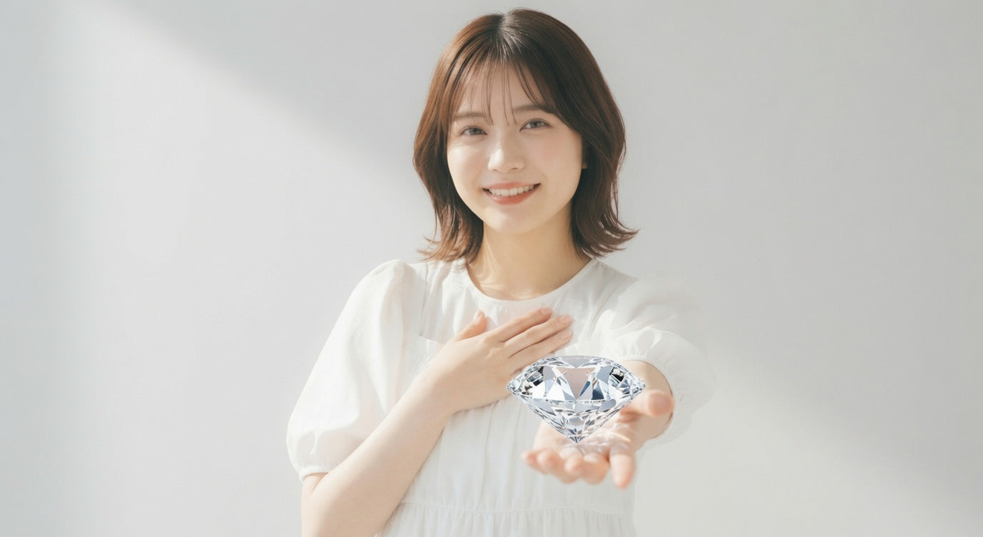 Smiling woman in white dress holding a large diamond
